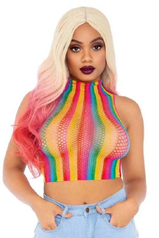 women's pajamas with a relaxed fitRainbow Fishnet High Neck Crop Top