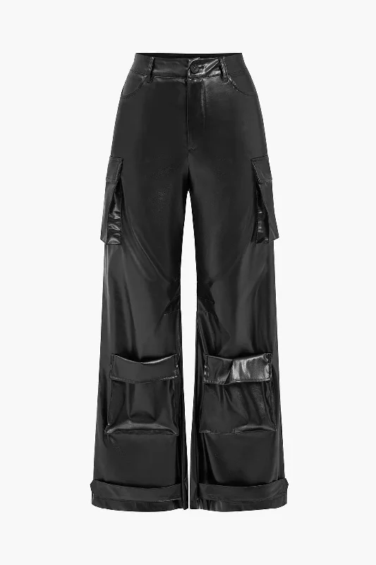 Women's Jodhpurs with Rounded CollarFaux Leather Pocket Wide Leg Trousers