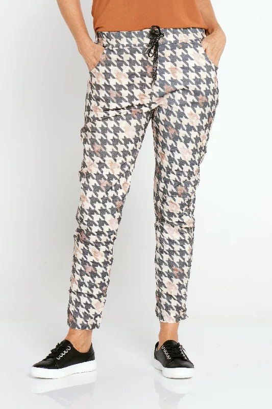 Women's Jodhpurs with Mandarin CollarCamella Pants - Black/Brown Houndstooth