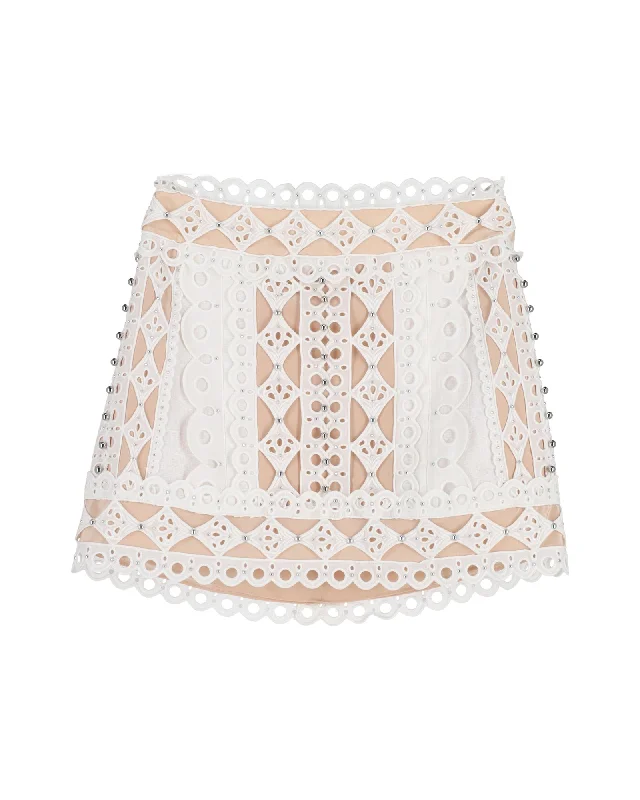 Women's Edgy SkirtsZimmermann Moncur Studded Broderie Mini Skirt in White Cotton