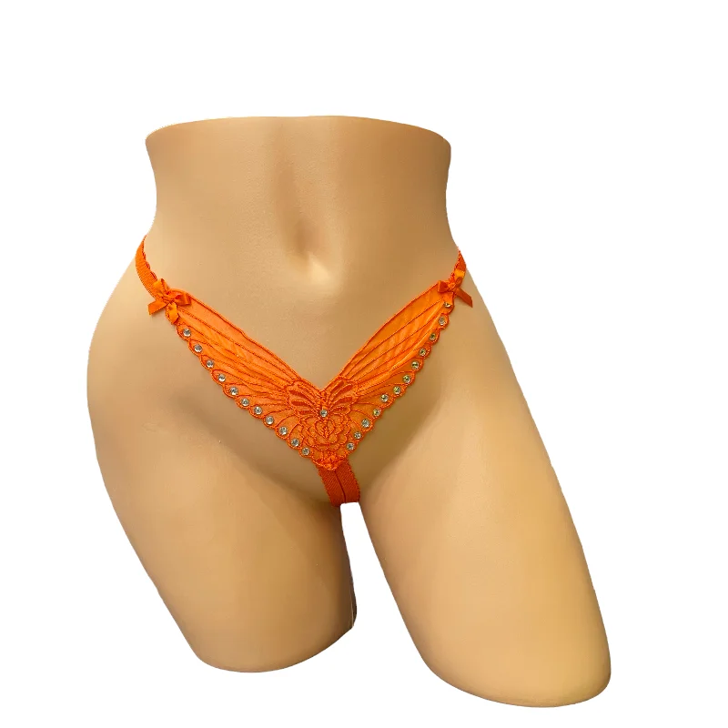 plus-size lace panties with a high-waisted design for all-day comfortOrange Embroidered Butterfly Thong With Rhinestones- Crotchless