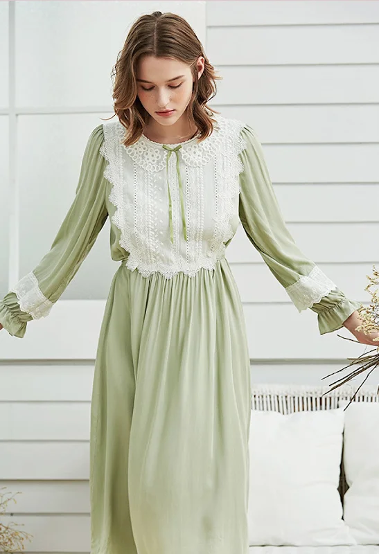 women's pajamas for everyday loungingLight Green Long Sleeve Royal Elegant Vintage Lace Nightgown