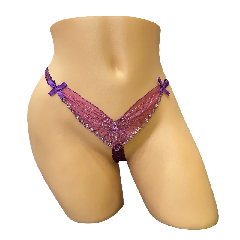 lightweight mesh panties for summer wearPurple Embroidered Butterfly Thong With Rhinestones- Crotchless