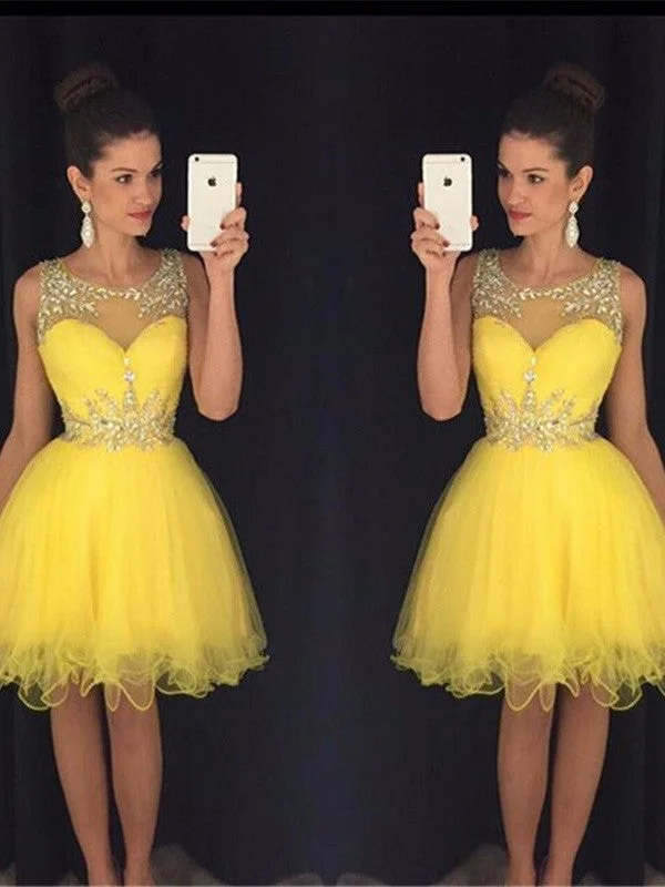 Women's High Collar DressesA-Line/Princess Scoop Sleeveless Beading Tulle Short/Mini Dresses