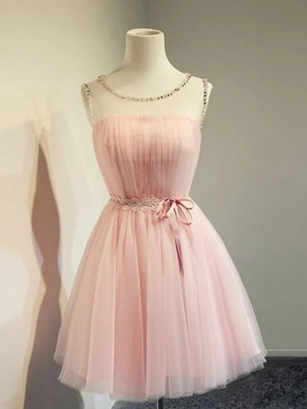 Women's Flared DressesA-Line/Princess Tulle Beading Scoop Sleeveless Short/Mini Homecoming Dresses