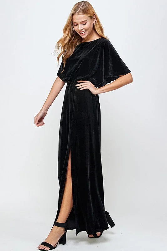 Women's Notched Collar DressesBlack Valerie Velvet Maxi