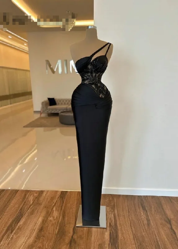 Women's Shirt Collar DressesClassy Black One Shoulder Long Evening Dresses Sleeveless Sequins Leafs Bodice Folded Satin Straight Fitted Elegant Party Gowns