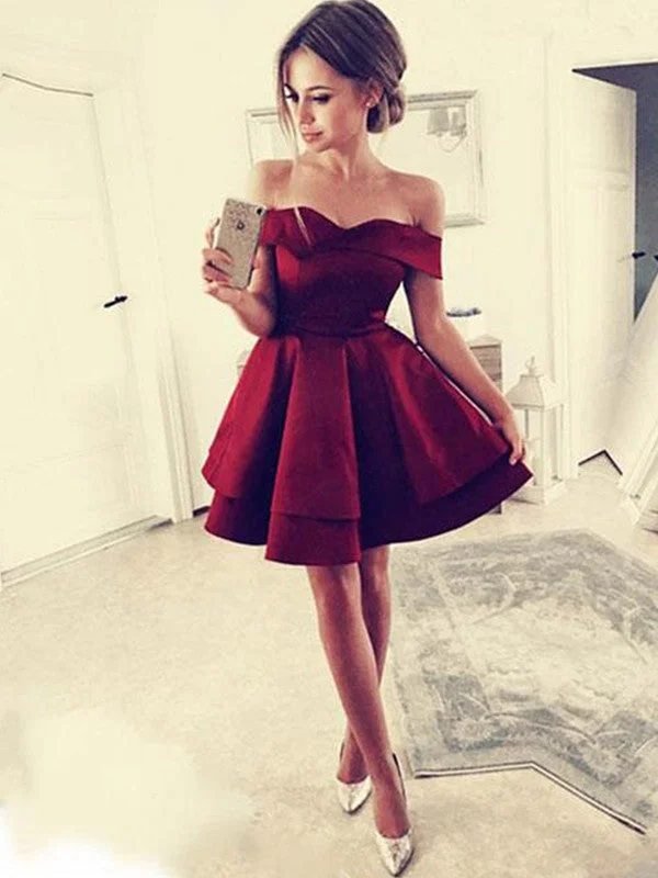 Women's V-Shaped-Neck DressesA-Line/Princess Ruffles Satin Off-the-Shoulder Sleeveless Short/Mini Dresses