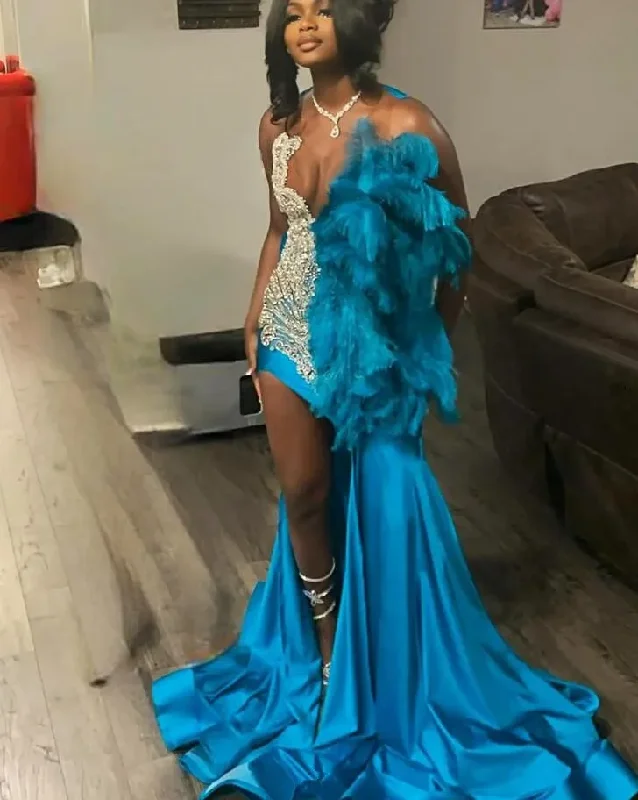 Women's Gathered DressesSky Blue Short Prom Homecoming Dresses with Side Train Sparkly Luxury Diamond Crystal Feather Birthday Party Gown Black Girl