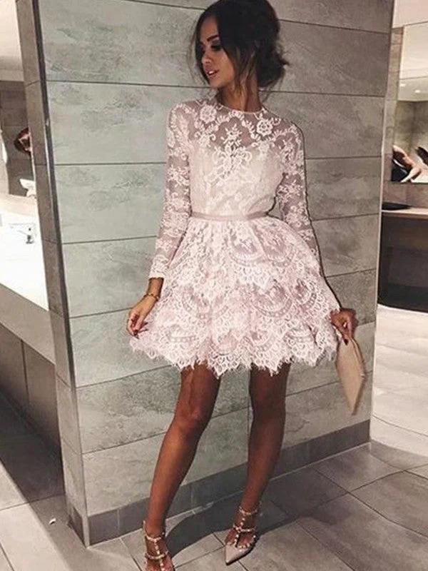  Women's A-Line DressesA-Line/Princess Bateau Long Sleeves Beading Lace Short/Mini Dresses