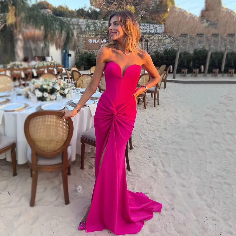 Women's Lapel Collar DressesFuchsia Mermaid Prom Dresses Side Split Evening Gown Woman Pleats Elegant Party Dress Beach Wedding Guest Dress