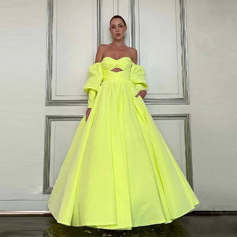 Women's Halter DressesCharming Off the Shoulder Yellow Prom Dresses with Pockets Puffy Sleeves Stretch Back Ball Gown Formal Occasion Dress Party Gown