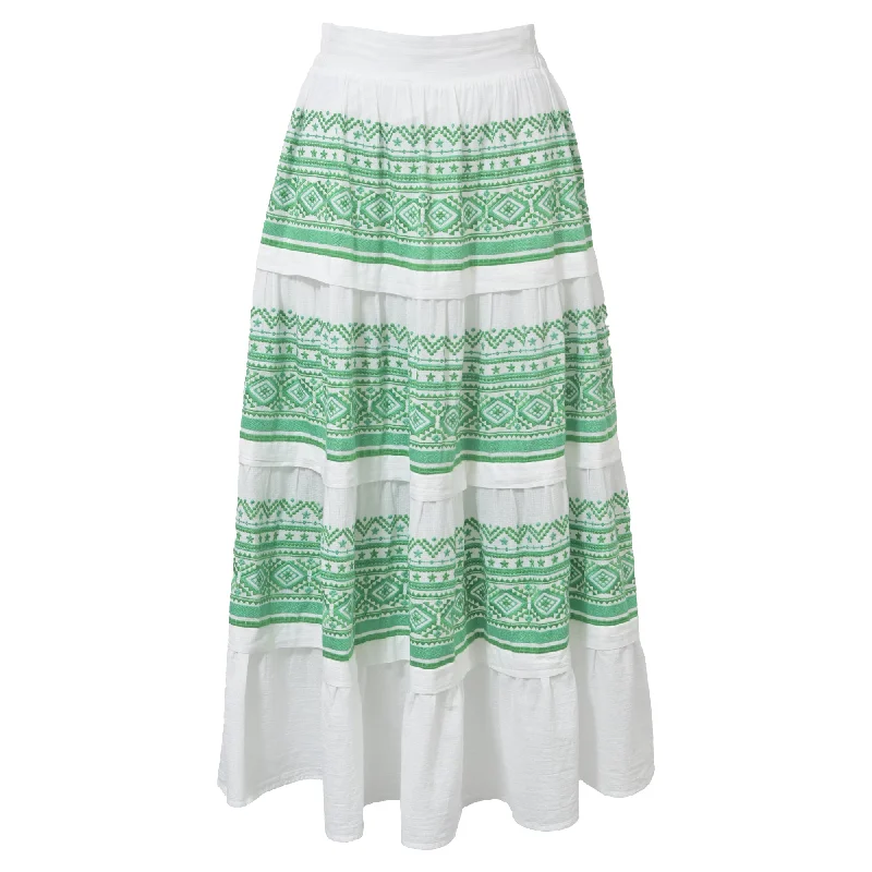 Women's Lightweight SkirtsMaje Tiered Embroidered Midi Skirt in White and Green Cotton