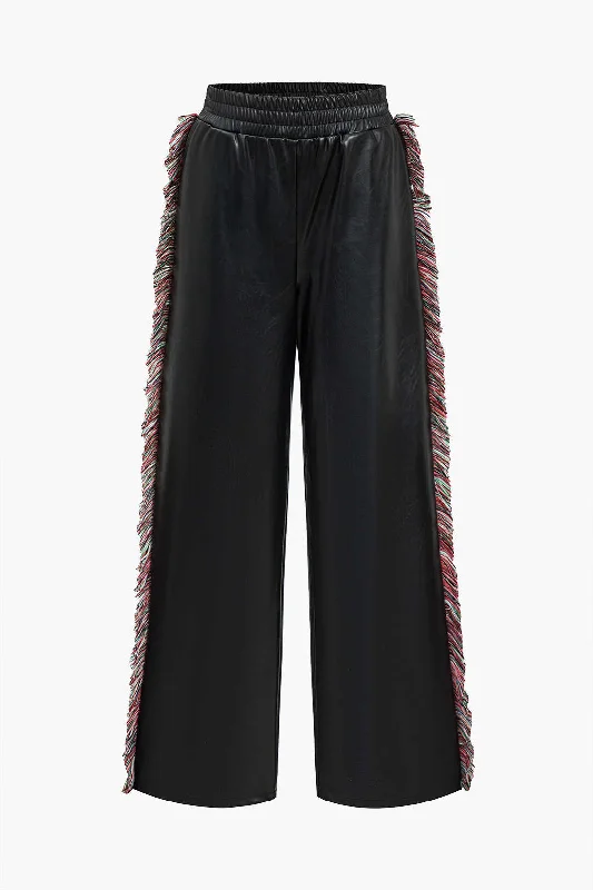 Women's Dress PantsSolid Faux Leather Trousers With Fringe