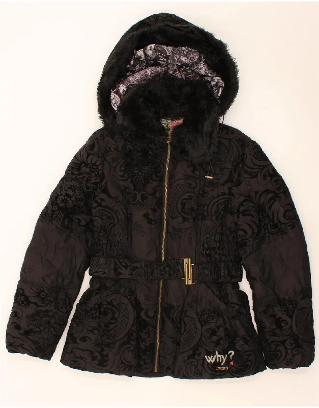 Women's Button-Up CoatsDESIGUAL Womens Hooded Padded Jacket EU 44 XL Black Paisley Polyester