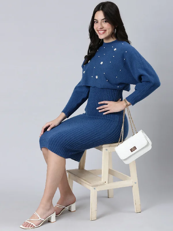 Women's Boat-Neck DressesWomen Self Design Blue Bodycon Dress Comes with Top-E14720-Blue