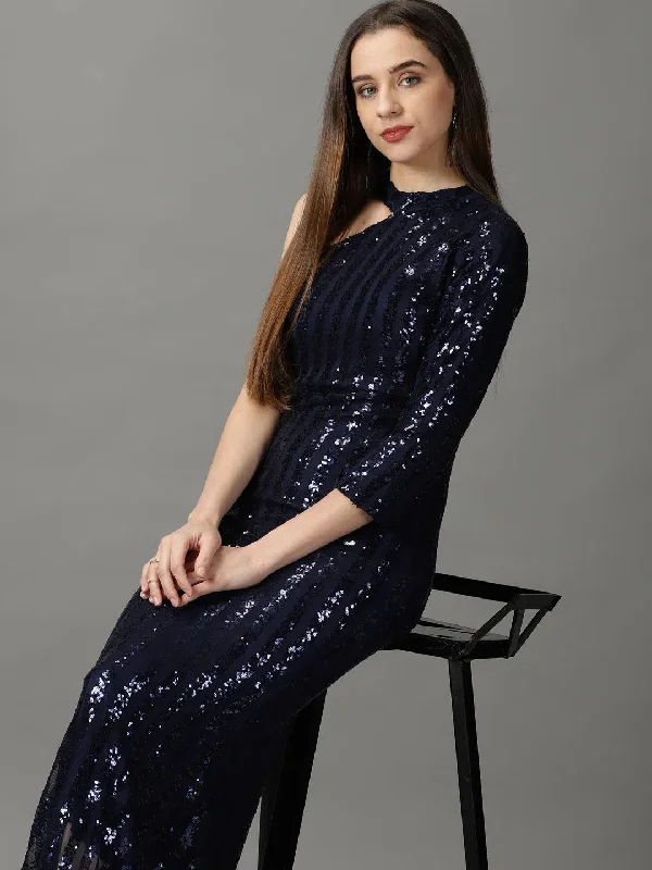 Women's Keyhole-Neck DressesWomen's Navy Blue Embellished Bodycon Dress-AE-15922-Navyblue