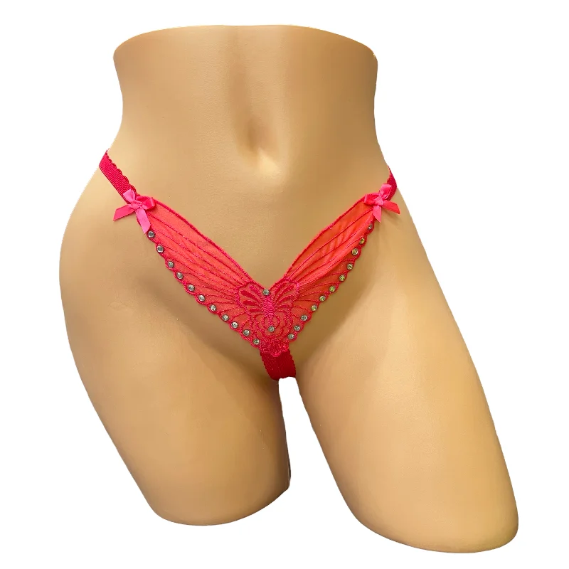 seamless underwear for women with a tummy control featureNeon Pink Embroidered Butterfly Thong With Rhinestones- Crotchless