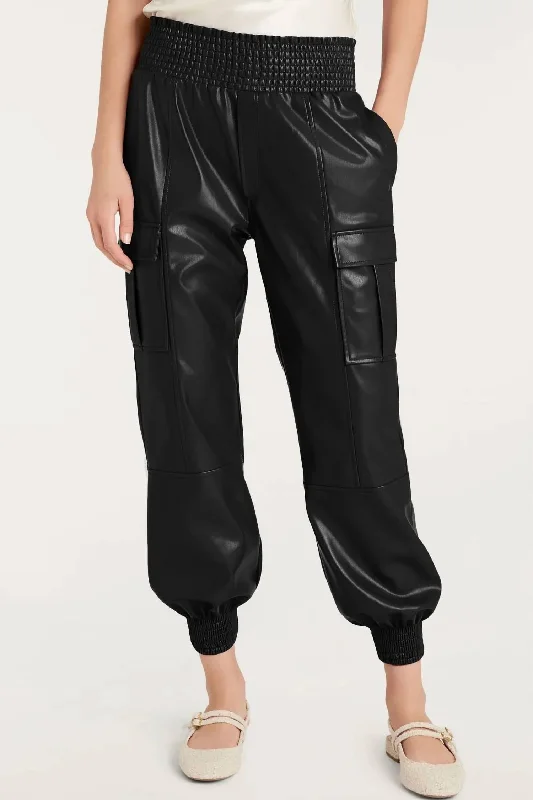 Women's Wide-Leg PantsFaux Leather Cargo Jogger Pants In Black