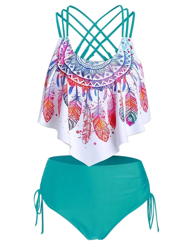 Spaghetti Strap Feather Tankini Set