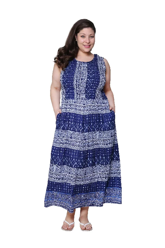 Women's Peter Pan Collar DressesLa Cera Blue Paisley Plus Size Sleeveless Maxi Dress