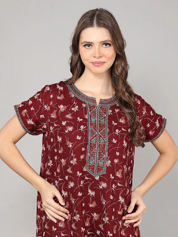 women's pajamas with a touch of elegance and sophisticationAlpine Nighty with Side Pocket & Neckline Embroidery | Printed