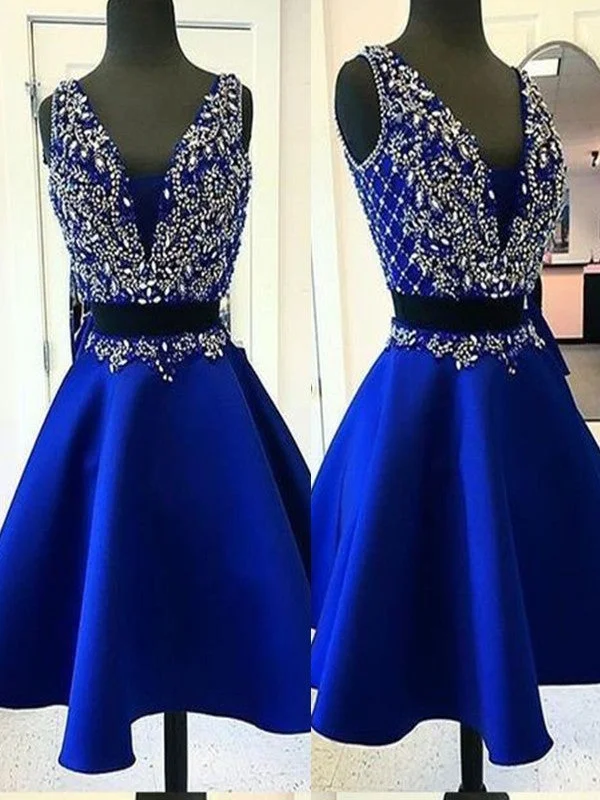 Women's V-Shaped Collar DressesA-Line/Princess Satin Beading V-neck Sleeveless Short/Mini Two Piece Homecoming Dress