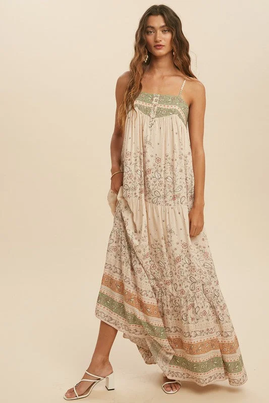 Women's Boat Collar DressesCream Boho Border Maxi Dress