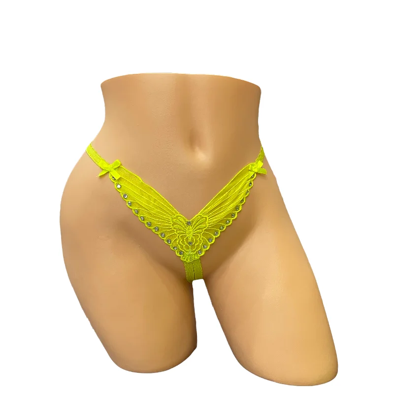 lightweight mesh bikini panties for womenNeon Green Embroidered Butterfly Thong With Rhinestones- Crotchless