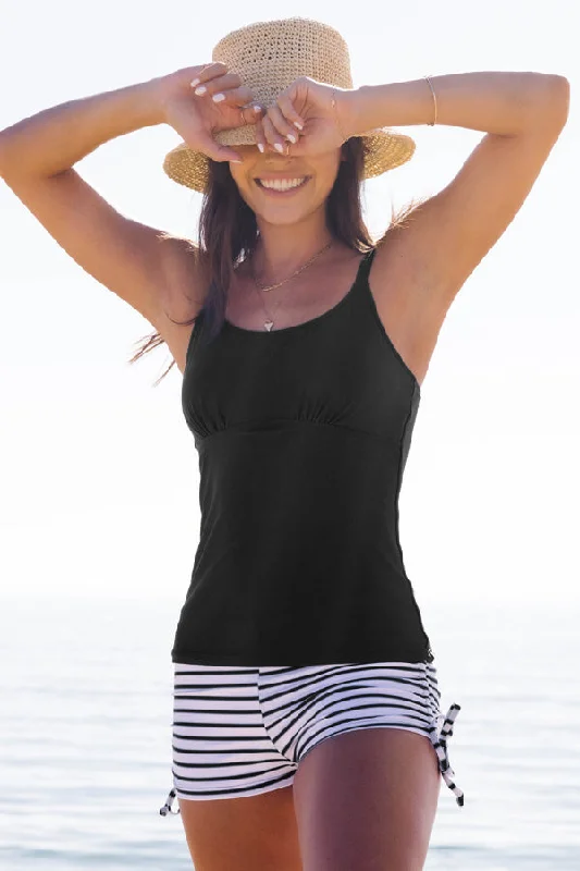 Stripe Print Drawstring Side Tummy Control Tankini Set