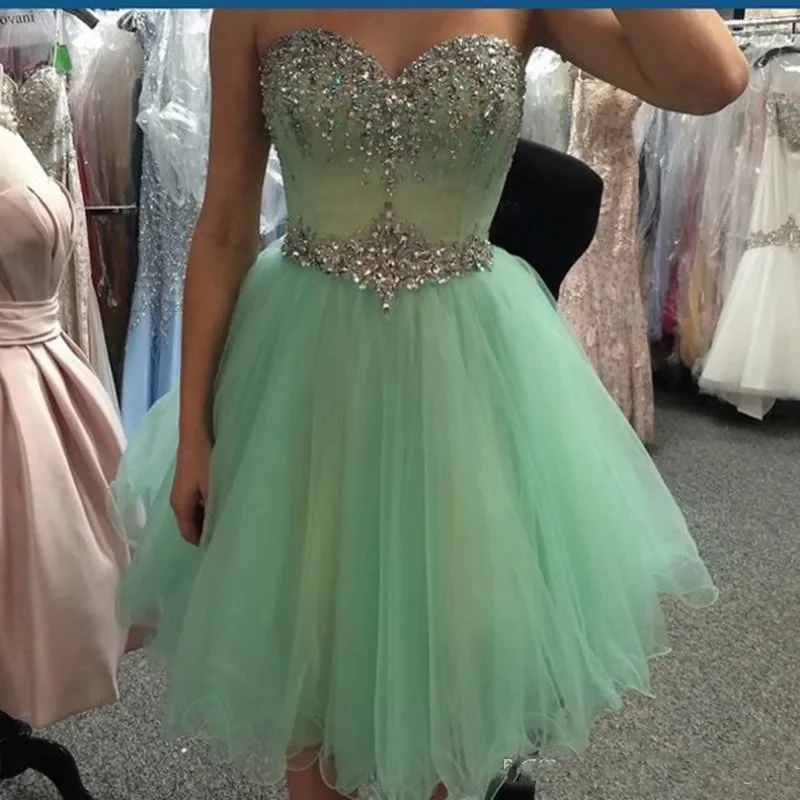 Women's Round-Neck DressesReal Photos Mint Green Short Prom Homecoming Dresses Beads Crystal Sweetheart Tulle 8th Grade Graduation Party Gown