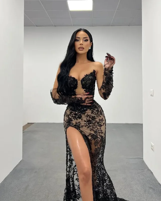 Women's Sweetheart-Neck DressesClassic Black Lace Evening Dresses with Detachable Sleeves Sexy Slit Appliques Mermaid Formal Gown Prom Party Dress Custom