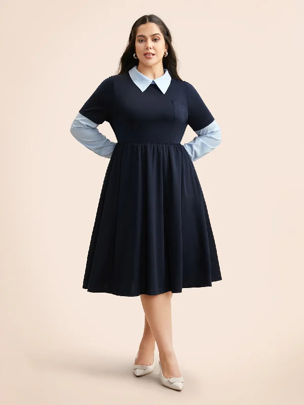 Women's Sweetheart Collar Dresses2-In-1 Shirt Collar Elastic Waist Dress