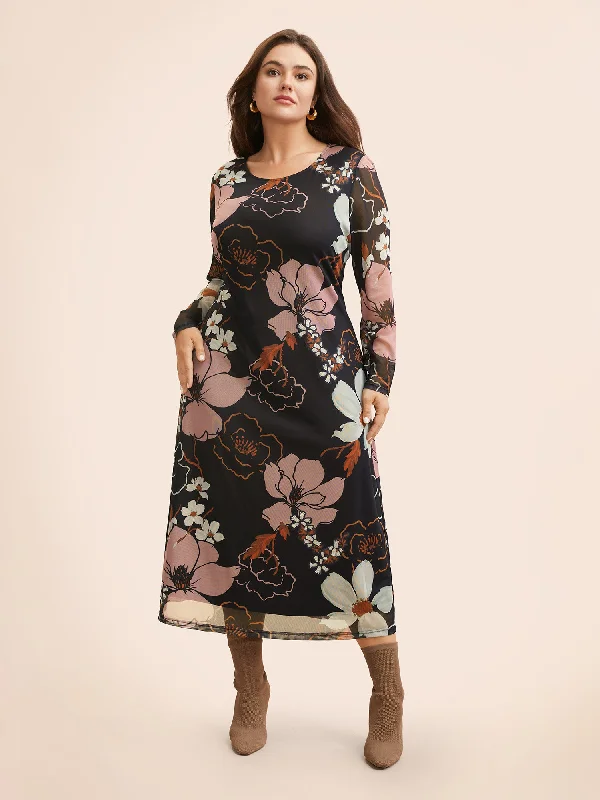 Women's Boat-Neck DressesCrew Neck Floral Mesh Dress