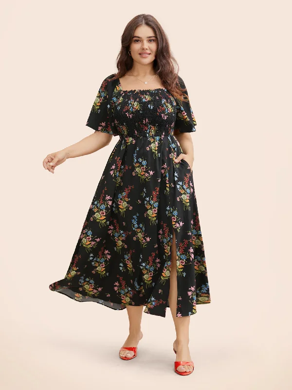 Women's Low Collar DressesDitsy Floral Shirred Split Hem Dress