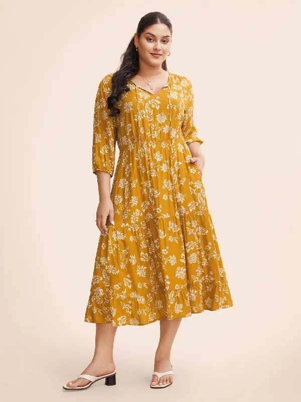 Women's U-Shaped Collar DressesFloral Lantern Sleeve Ruffle Layered Hem Dress