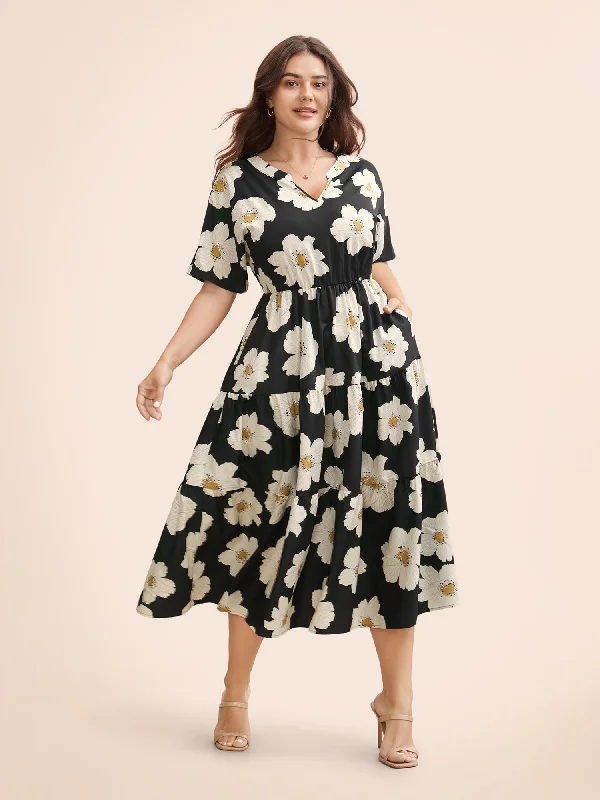 Women's Collarless DressesFloral Print Notched Ruffle Sleeve Dress