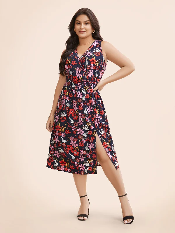 Women's Mandarin Collar DressesFloral Print Split Hem Sleeveless Dress