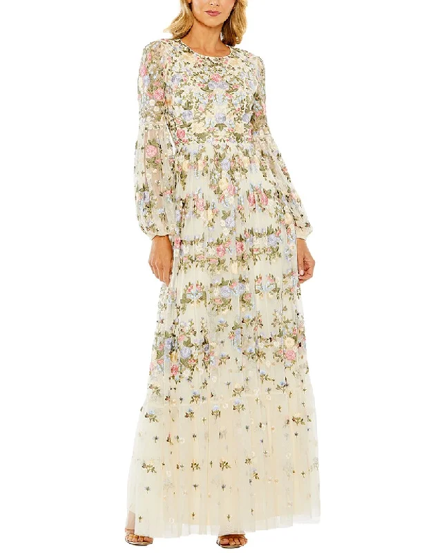 Women's Low Collar DressesMac Duggal High Neck Floral Embroidered Puff Sleeve Gown