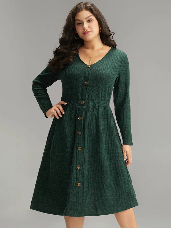 Women's Collarless DressesRib Knit Button Detail Pocket Dress