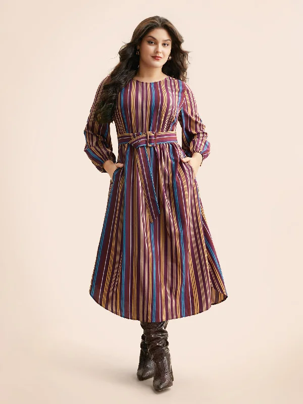 Women's Wide Collar DressesRound Neck Contrast Striped Belted Dress