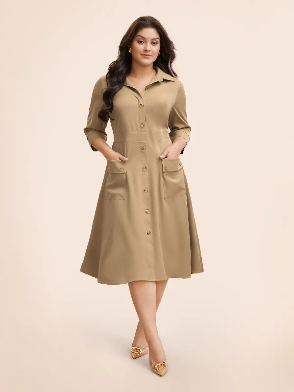 Women's Sheath DressesShirt Collar Elastic Waist Patch Pocket Dress