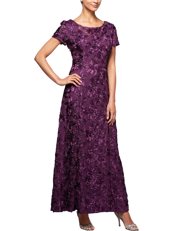 Women's Lapel Collar DressesWomens Lace Overlay Embroidered Evening Dress