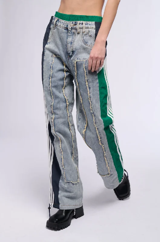 Women's Jodhpurs with DrawstringALL AROUND THE WORLD PATCHWORK DENIM JOGGER PANT IN GREEN MULTI