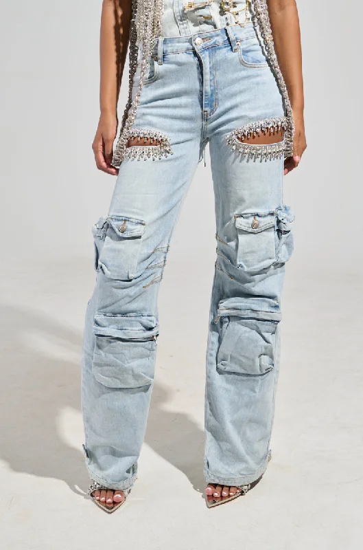 Women's Jodhpurs with Mandarin CollarCALLING THE SHOTS CARGO DENIM WITH RHINESTONES