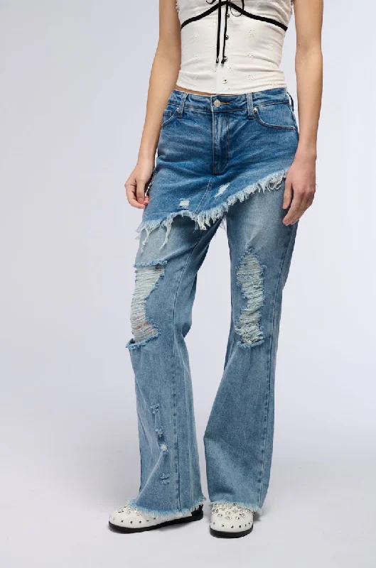 Women's Jodhpurs with Low CollarDISTRESSED SKIRT STRAIGHT LEG DENIM JEANS