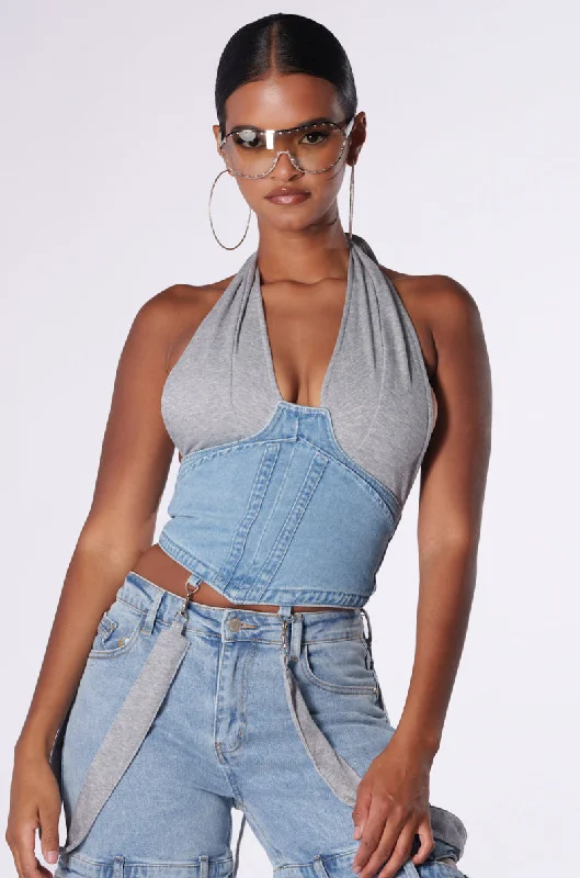 Women's Jodhpurs with Sweetheart CollarHOLLABACK GIRL HALTER NECK DENIM CORSET