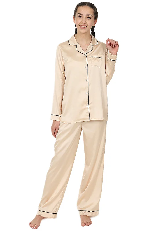 women's pajamas with a cozy, warm feelGirl's Gold Satin Long Two Piece Pyjama Set